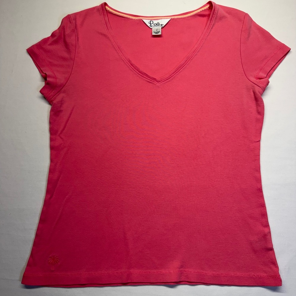 Lilly Pulitzer T Shirt M Pink Coral V Neck Palm Tree Embroidered Cotton Tee
